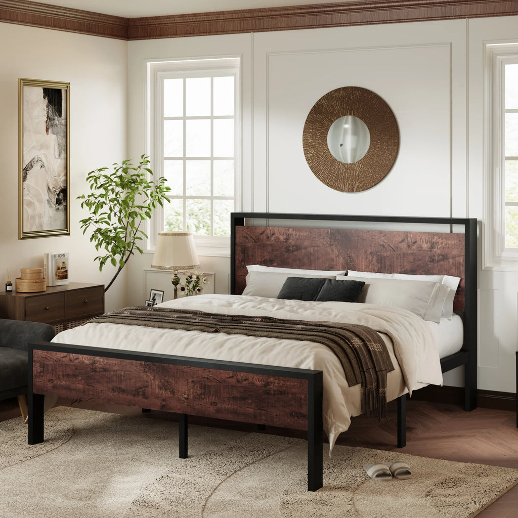 Queen Size Metal Platform Bed Frame with Wood Headboard and Footboard T935