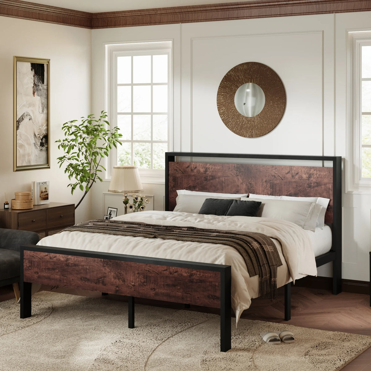 Queen Size Metal Platform Bed Frame with Wood Headboard and Footboard T935