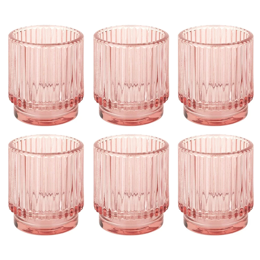 Blush Pink Ribbed Glass Votive Candle Holders, Pack of 6 A873