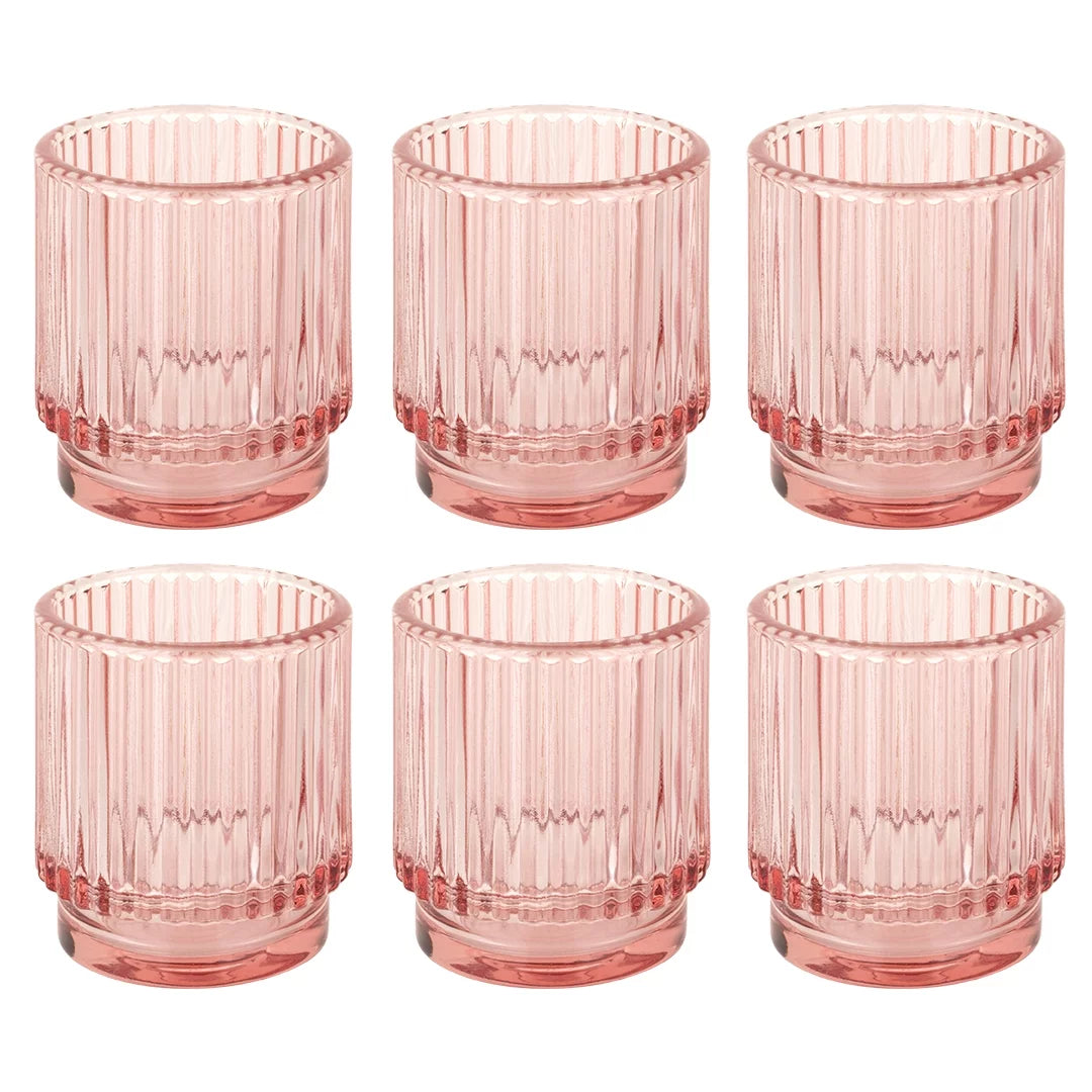 Blush Pink Ribbed Glass Votive Candle Holders, Pack of 6 A873