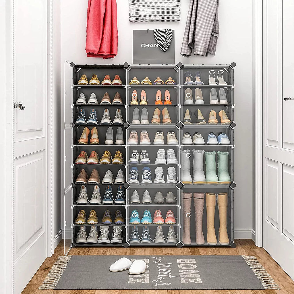 Portable Shoe Rack Organizer with Door, 36 Pair Plastic Shoe Storage Shelf, Black X494