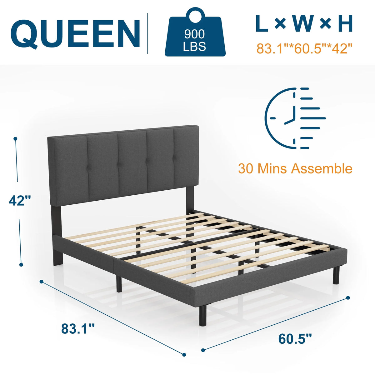 Queen Size Fabric Upholstered Platform Bed Frame T6718