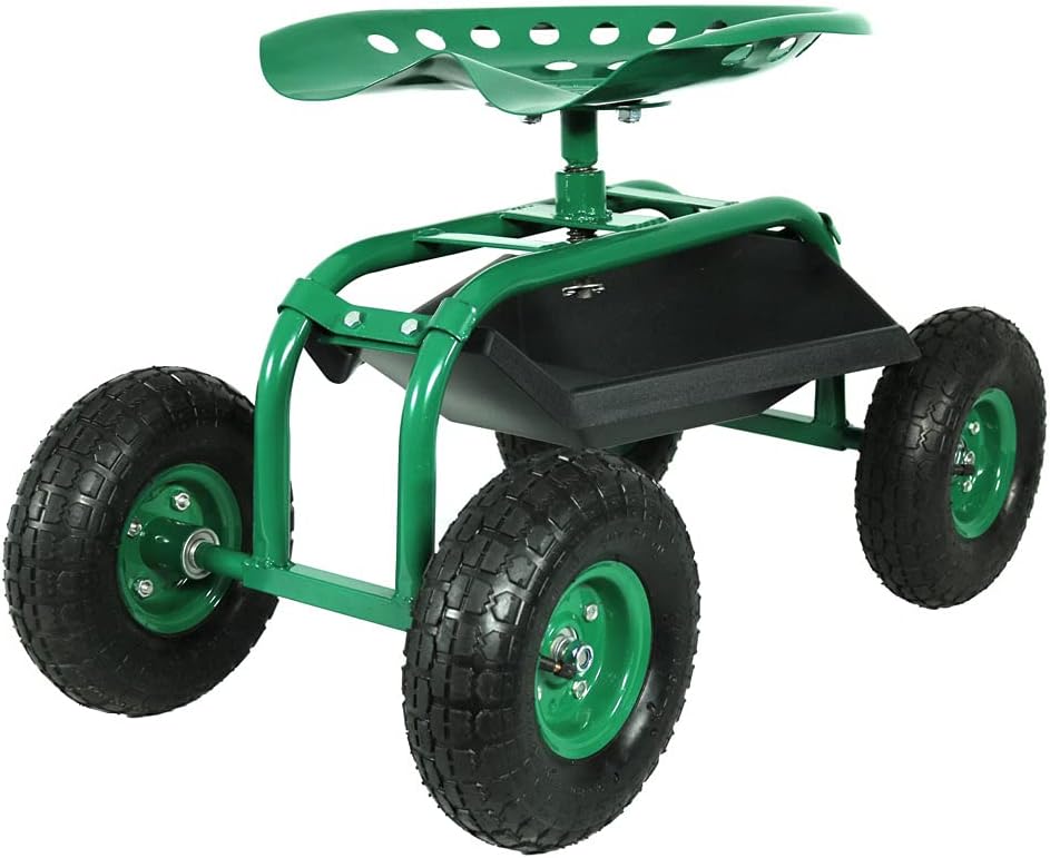 Rolling Garden Cart with 360 Degree Swivel Seat & Tray, Green X749024
