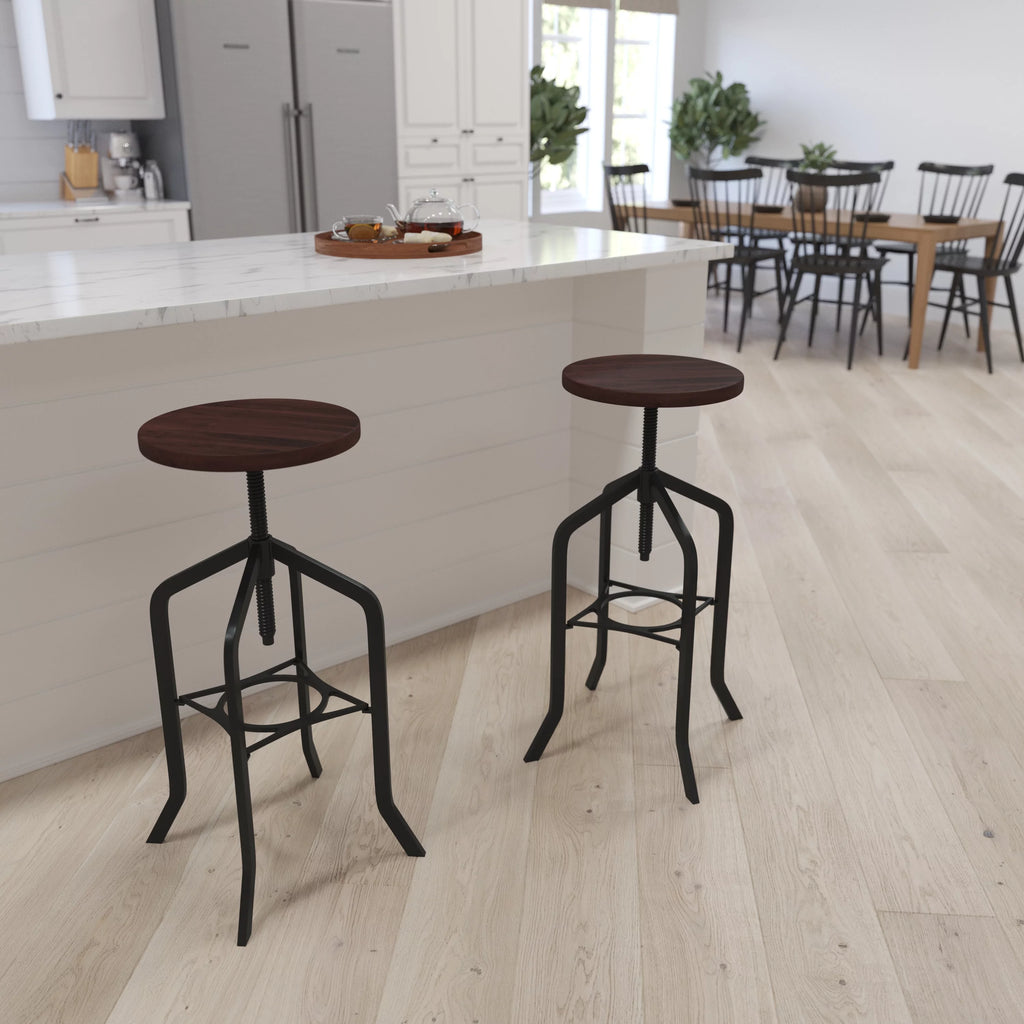 30 Inch Black Metal and Wood Adjustable Height Swivel Bar Stool J232