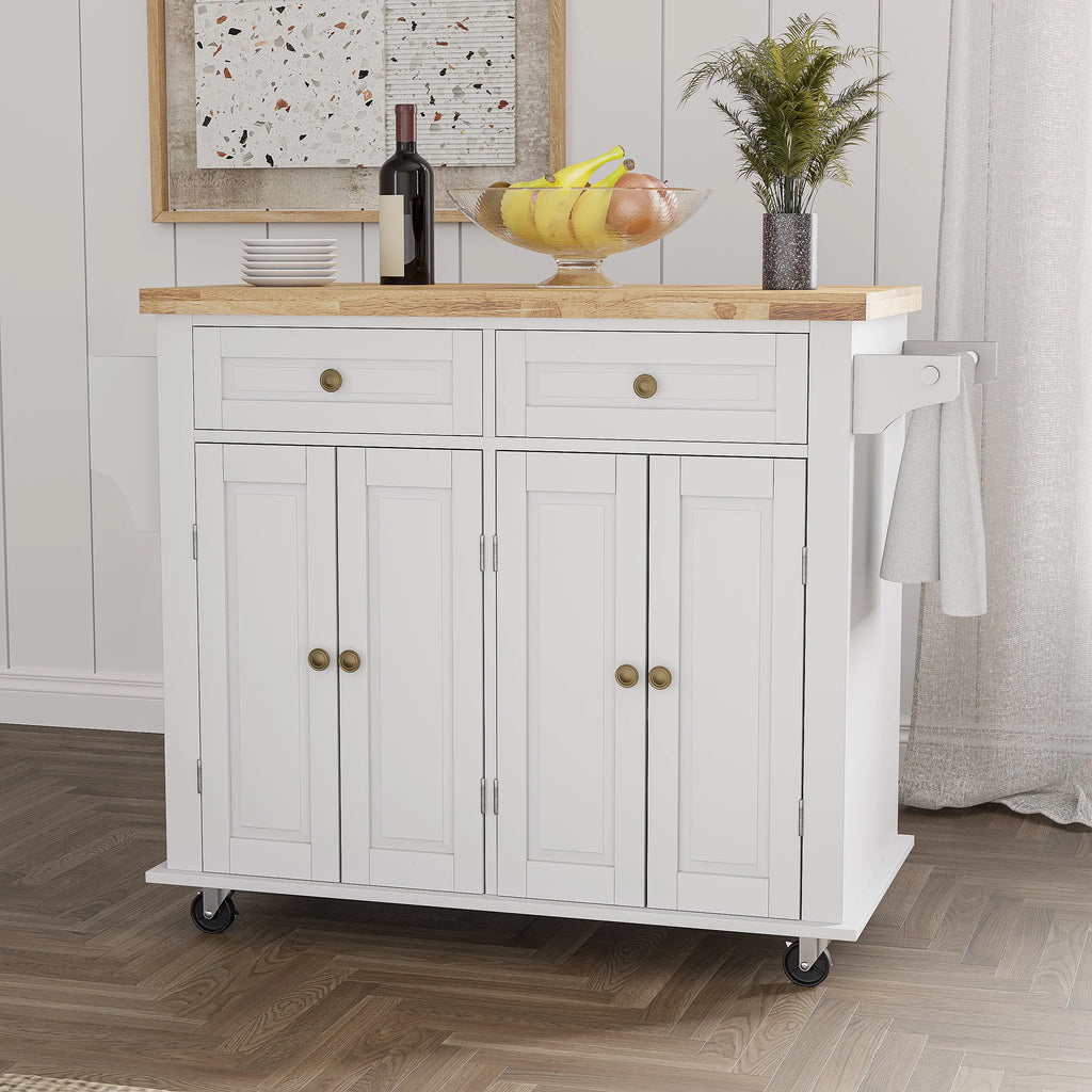 Rolling Kitchen Island with Rubber Wood Countertop and Lockable Casters D5504