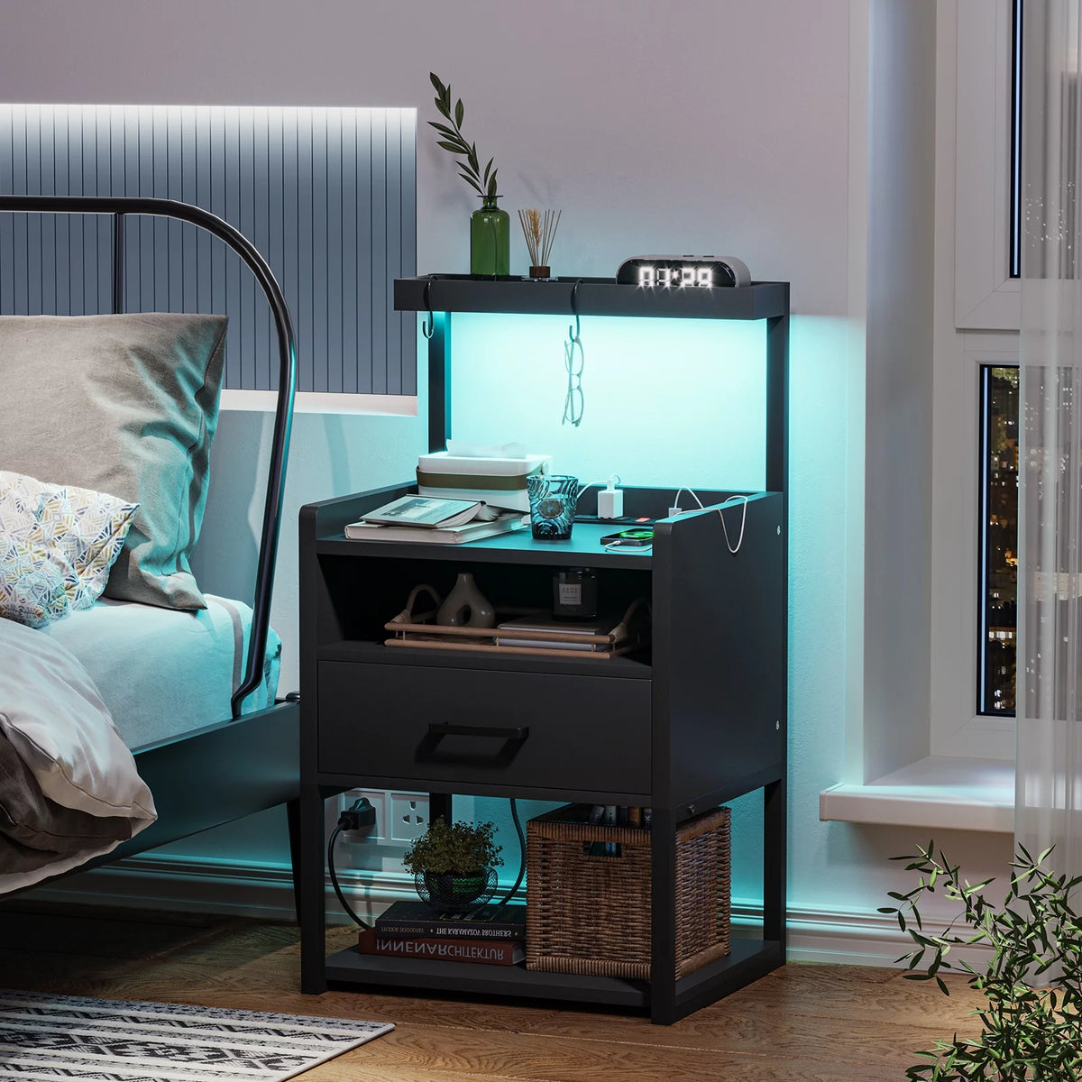 Black Set of 2 LED Nightstand with Charging Station and 1 Drawer M685192