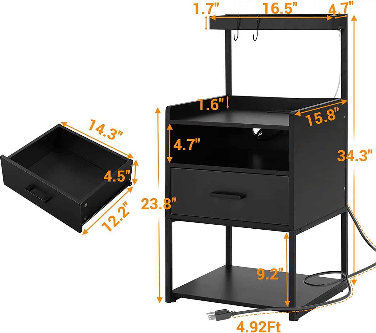 Black Set of 2 LED Nightstand with Charging Station and 1 Drawer M685192