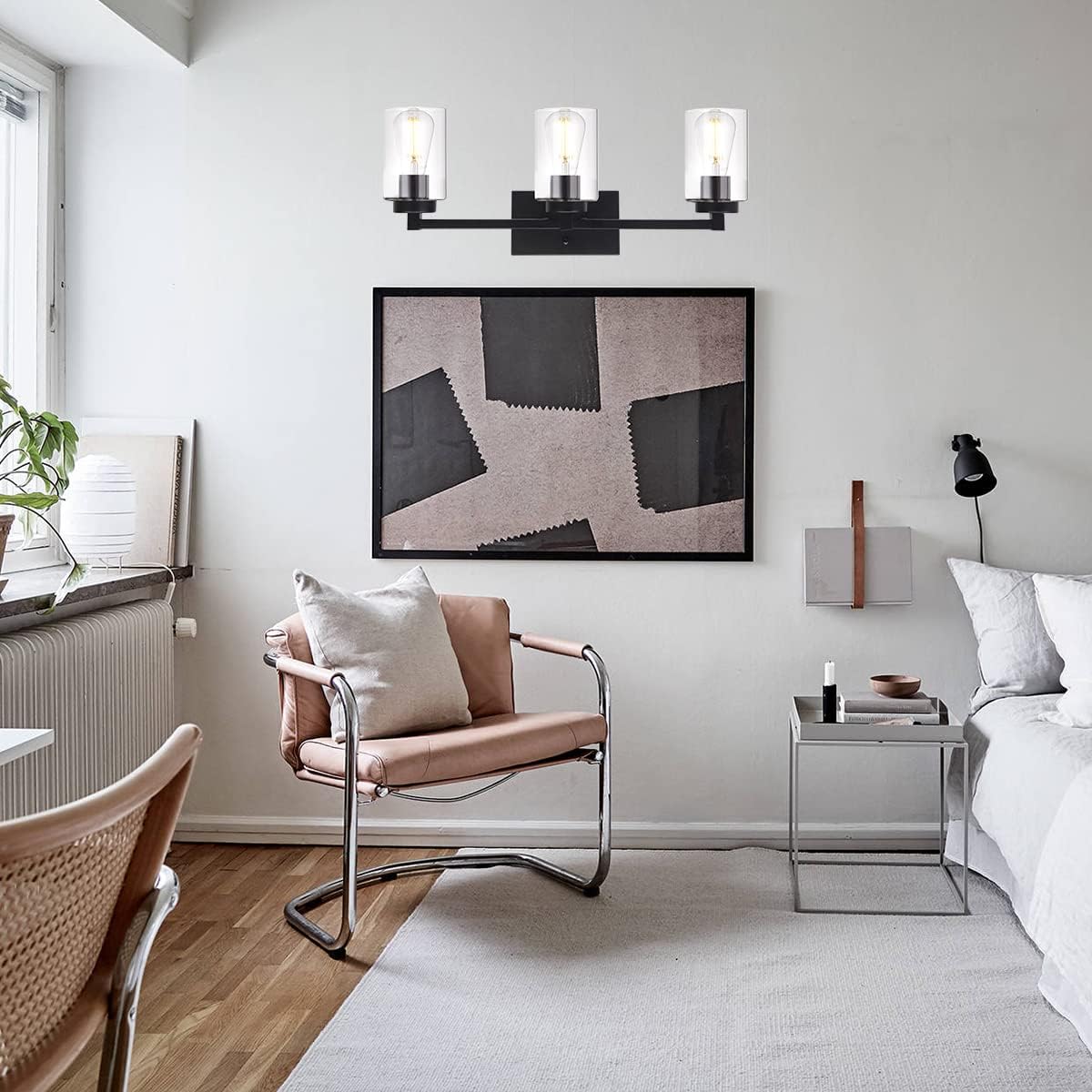 4 Light Matte Black Bathroom Light Fixtures 31.1 Inches Vanity Lighting with Glass Shade Y84342