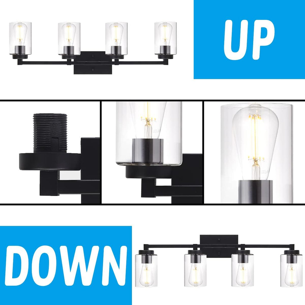 4 Light Matte Black Bathroom Light Fixtures 31.1 Inches Vanity Lighting with Glass Shade Y84342