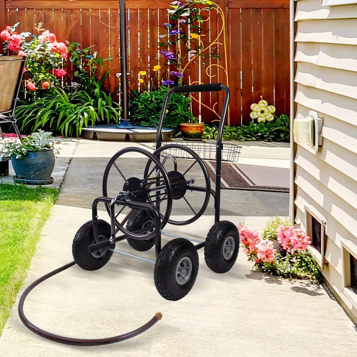 Garden Hose Reel Cart with 4 Wheels, 250-Feet Capacity Q629682