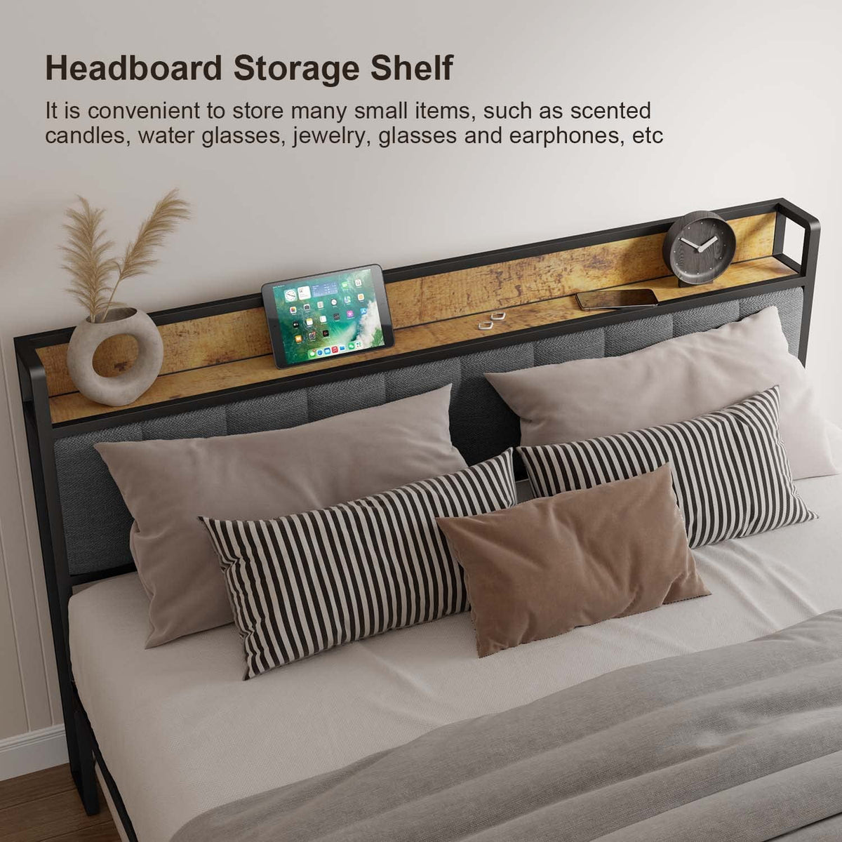 Queen Size Bed Frame with Storage Headboard S4826
