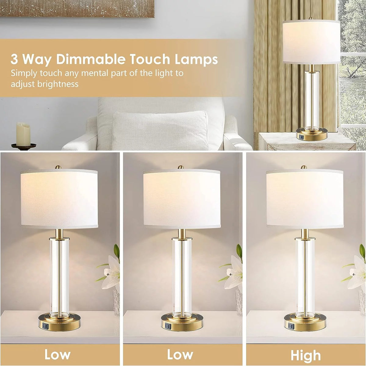 Touch Control Gold Table Lamps Set of 2 with USB Ports A641691
