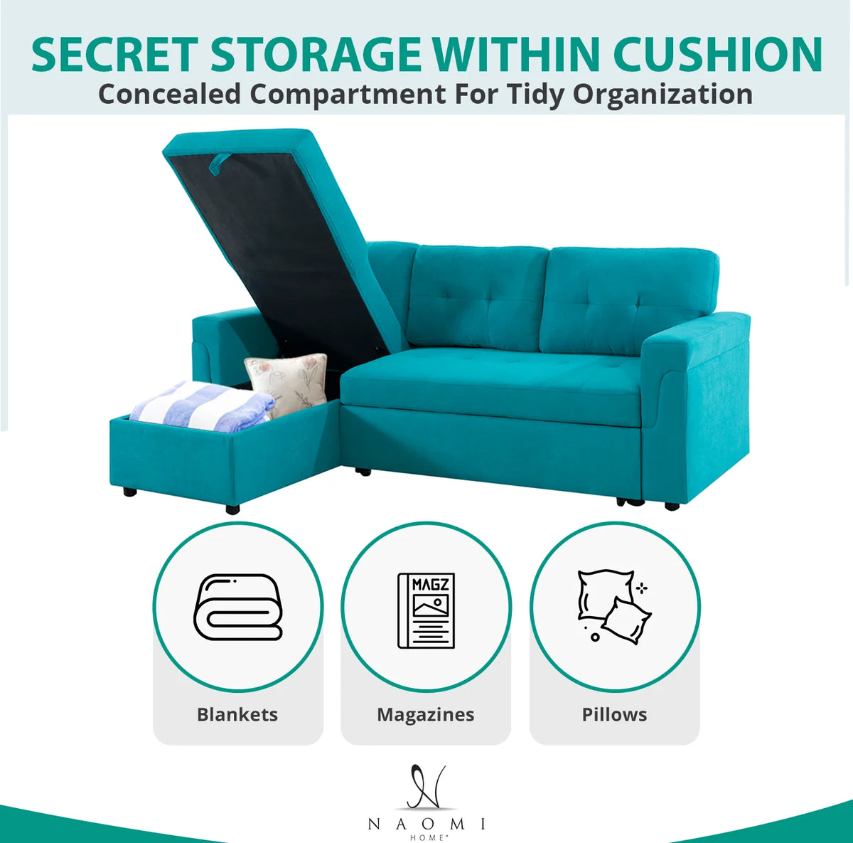 Teal Velvet Reversible Sleeper Sectional Sofa H812227