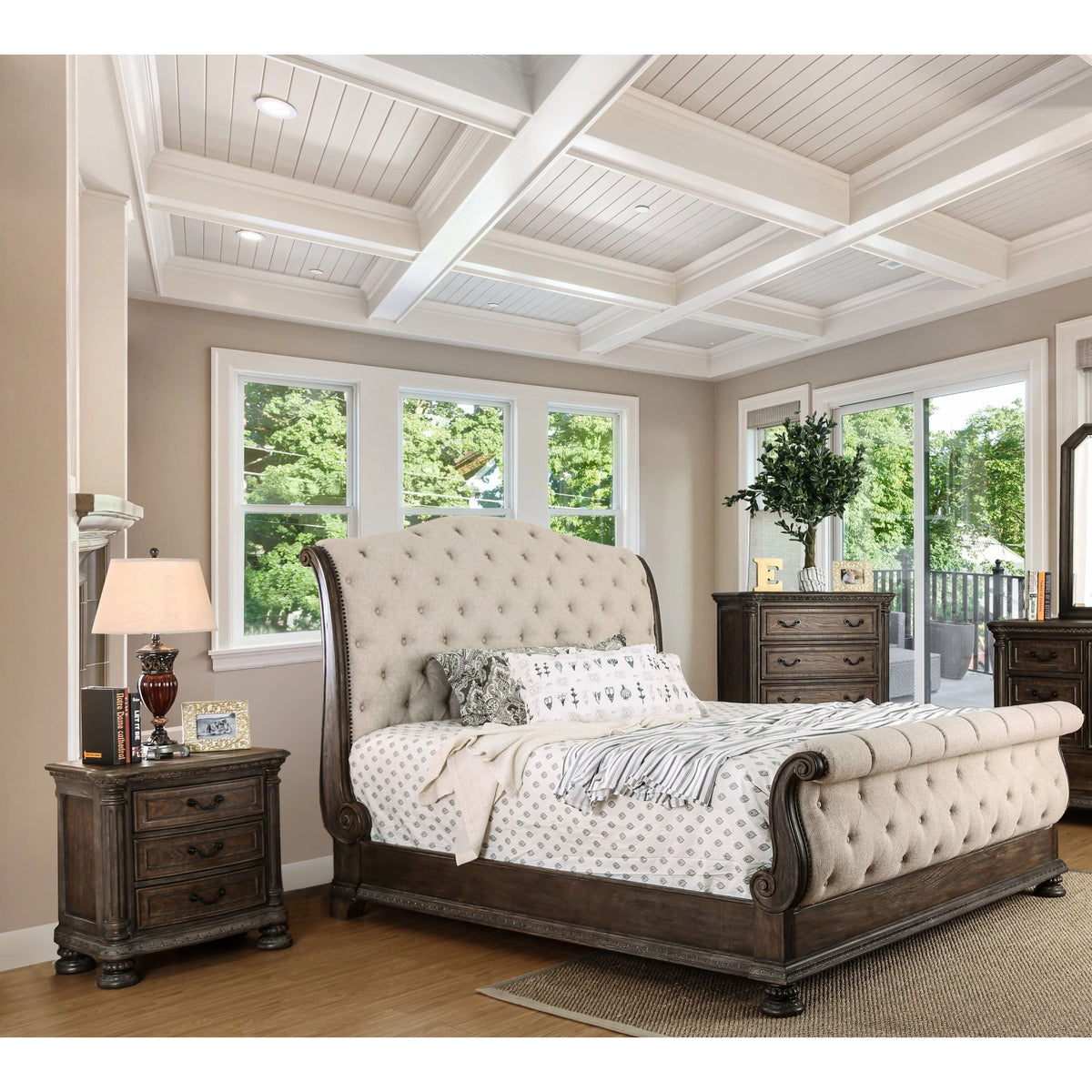 Ivory Fabric Tufted California King Bedroom Set N15506