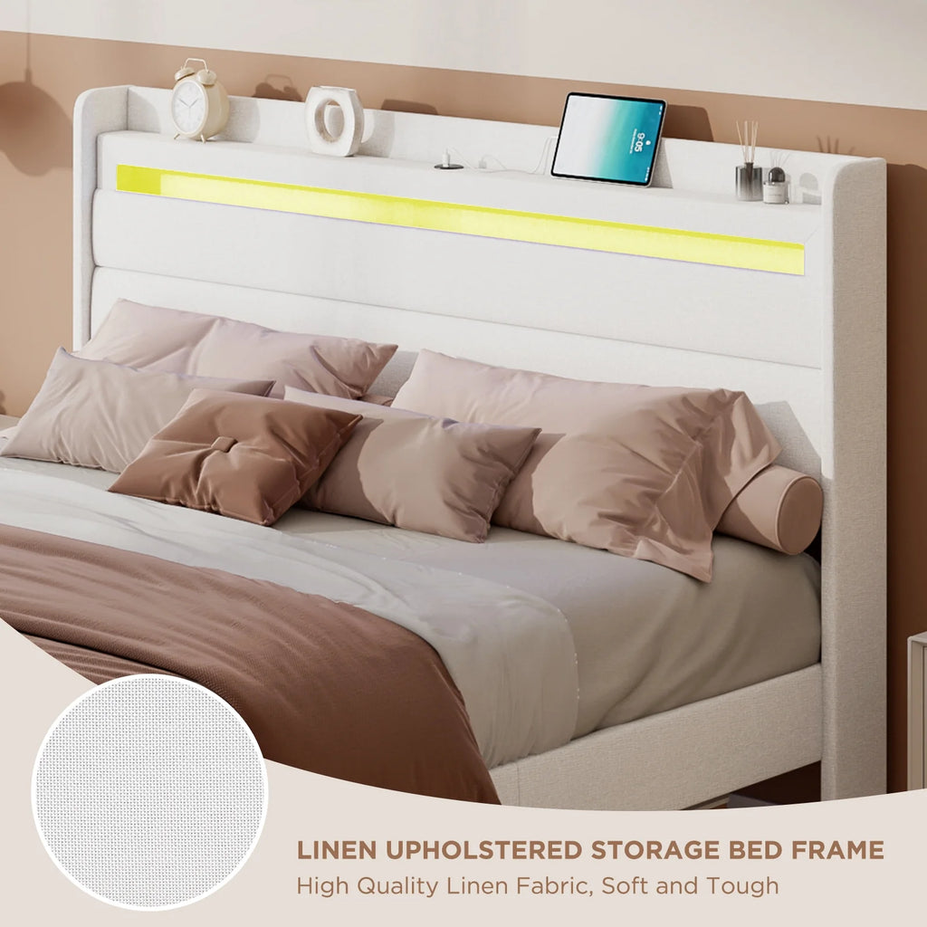 Queen Size White Linen Upholstered Platform Bed with Storage Headboard V590543