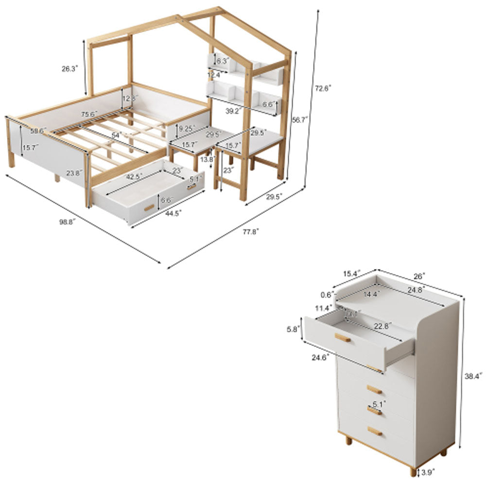 White Full Size Wooden House Bed with Desk and 6-Drawer Chest G988