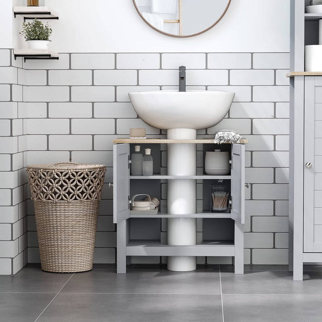 Gray Pedestal Sink Storage Cabinet with Adjustable Shelf D90119