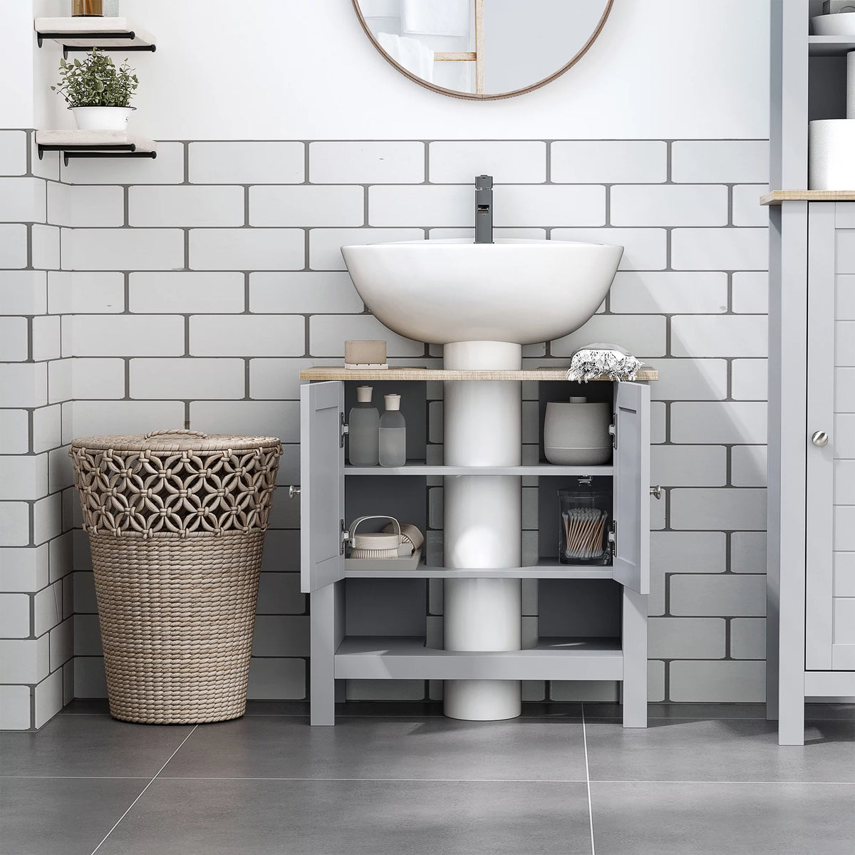 Gray Pedestal Sink Storage Cabinet with Adjustable Shelf D90119