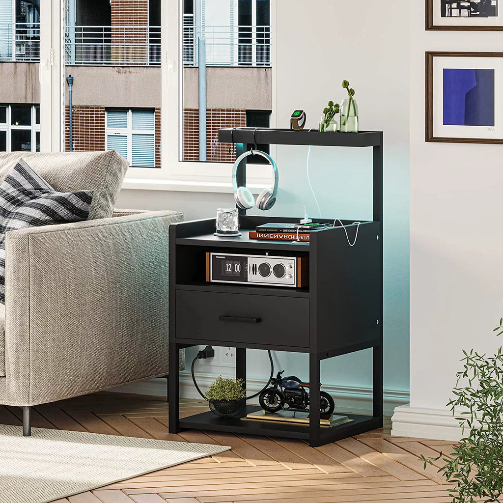 Black Set of 2 LED Nightstand with Charging Station and 1 Drawer M685192