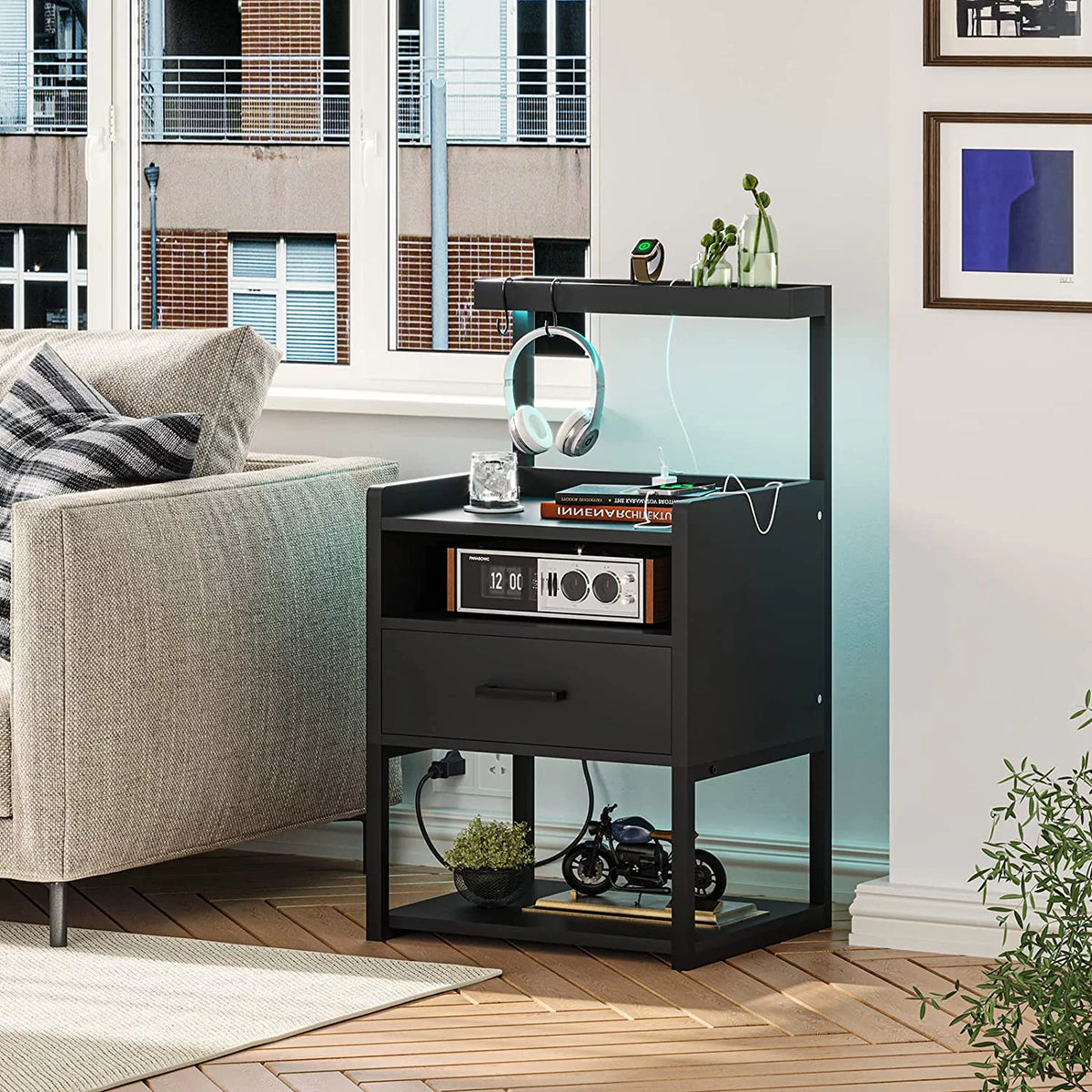 Black Set of 2 LED Nightstand with Charging Station and 1 Drawer M685192
