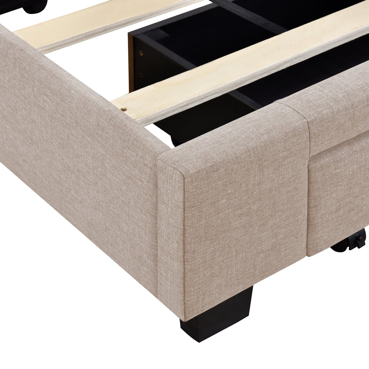 Queen Size Beige Upholstered Platform Bed Frame with Drawer T7392