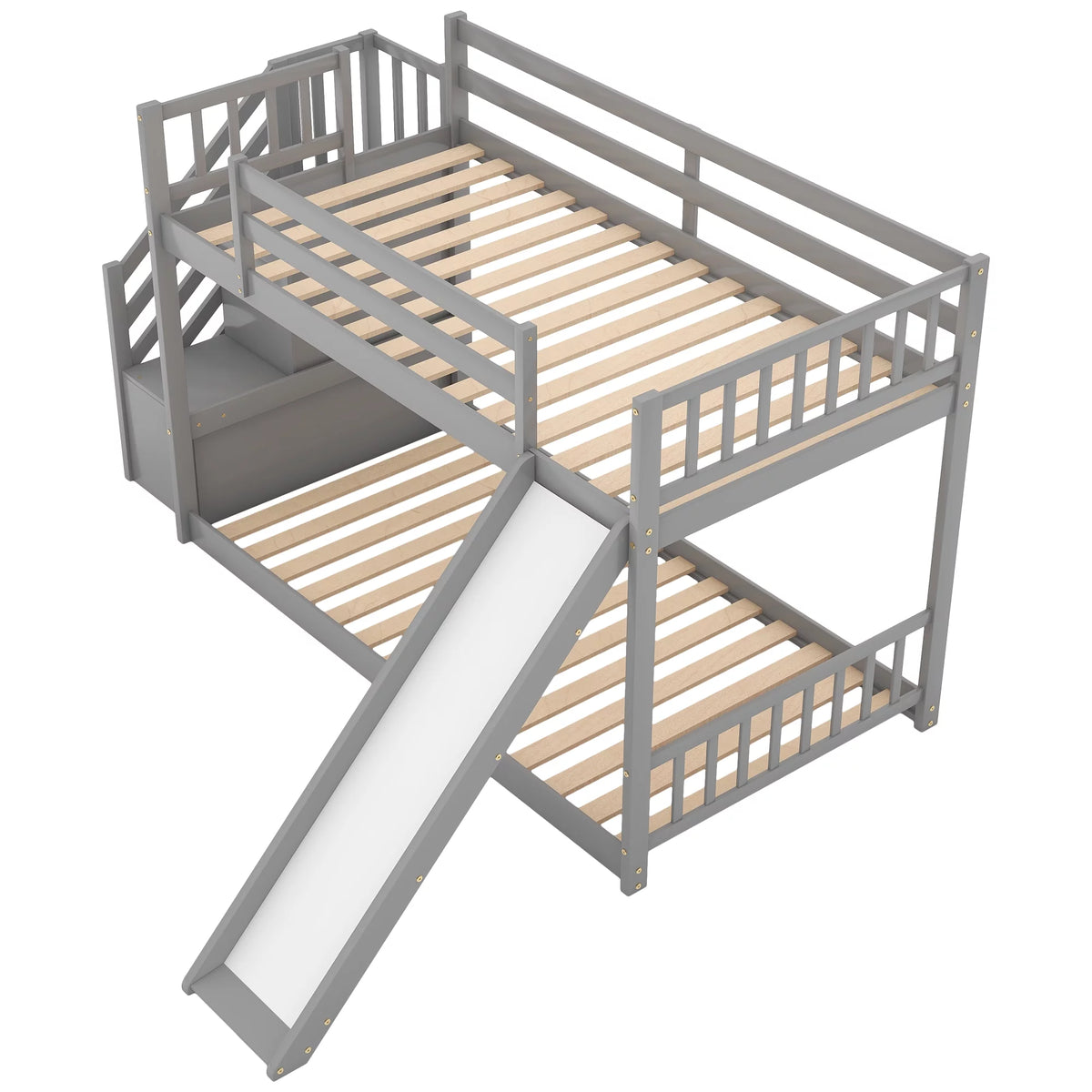 Solid Wood Twin Over Twin Bunk Bed with Slide and Stairway E4113