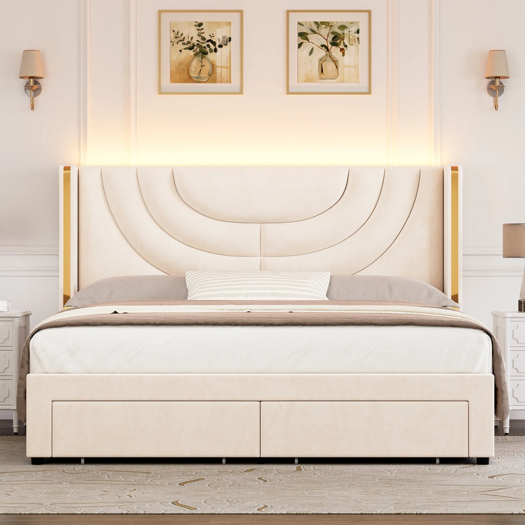 Full Size Velvet Upholstered Platform Bed Frame with 2 Drawers F41132