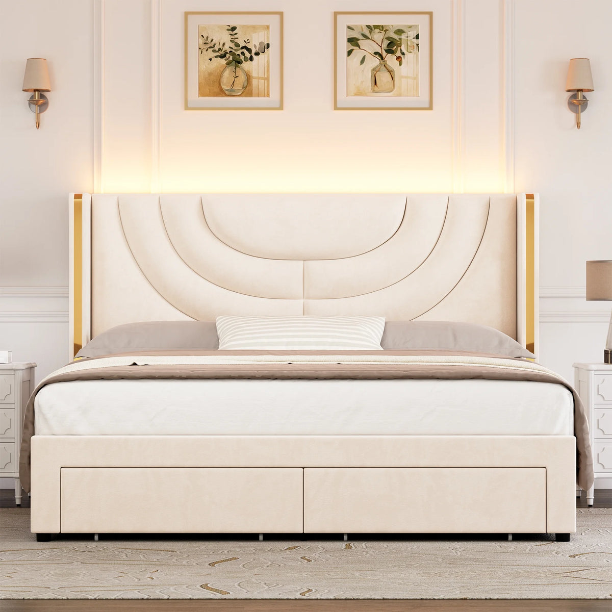 Full Size Velvet Upholstered Platform Bed Frame with 2 Drawers F41132