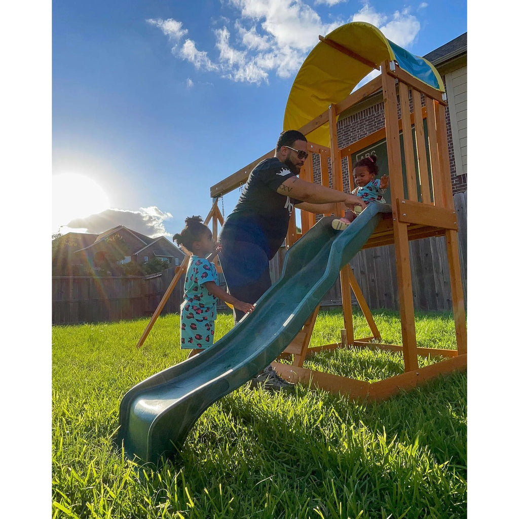 Wooden Outdoor Swing Set with Slide and Rock Wall C318