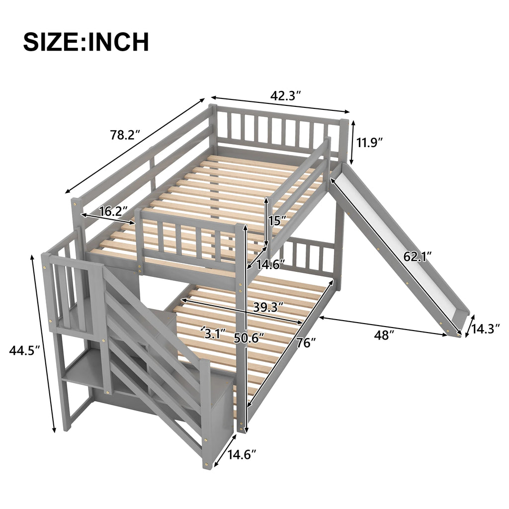 Solid Wood Twin Over Twin Bunk Bed with Slide and Stairway E4113