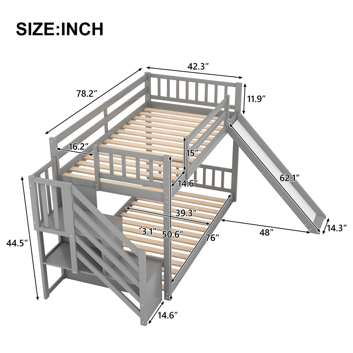 Solid Wood Twin Over Twin Bunk Bed with Slide and Stairway E4113