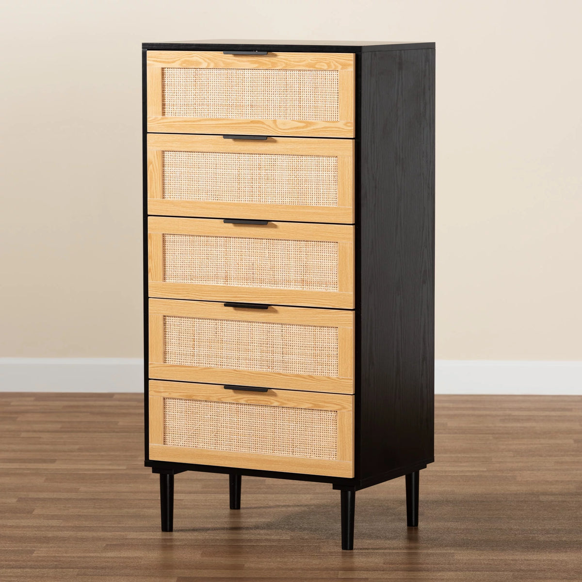 Espresso Brown Wood and Rattan 5-Drawer Storage Cabinet X205