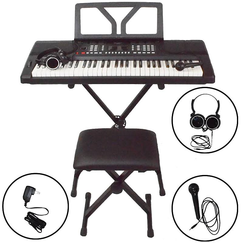 61 Key Portable Electronic Digital Keyboard Piano with Stand, Bench, Headphones, Microphone, Adapter G9389