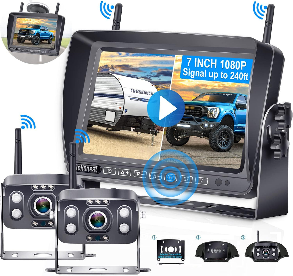 Wireless Backup Camera HD 1080P 2 Rear View Cameras 7'' DVR Monitor H51382