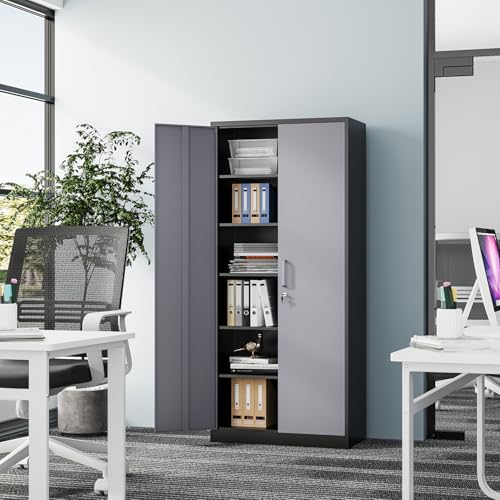 Black Steel Storage Cabinet with Lockable Doors and Adjustable Shelves W7826