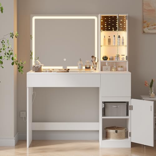 41" White Vanity Desk with Mirror and Lights A332