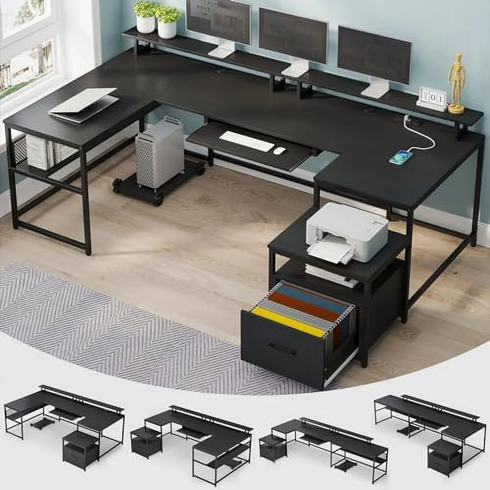 U Shaped Reversible L Shaped Office Desk with File Drawer V468