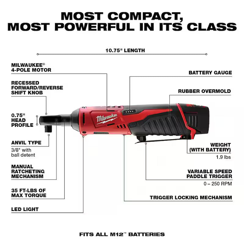 12V Cordless 3/8 in. and 1/4 in. Ratchet Kit (2-Tool) with Battery, Charger and Bag Q7502