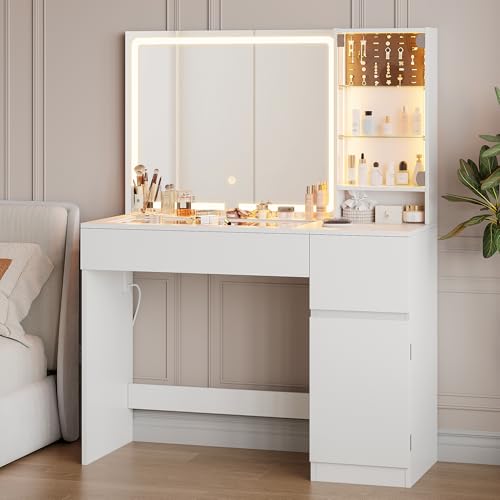 41" White Vanity Desk with Mirror and Lights A332