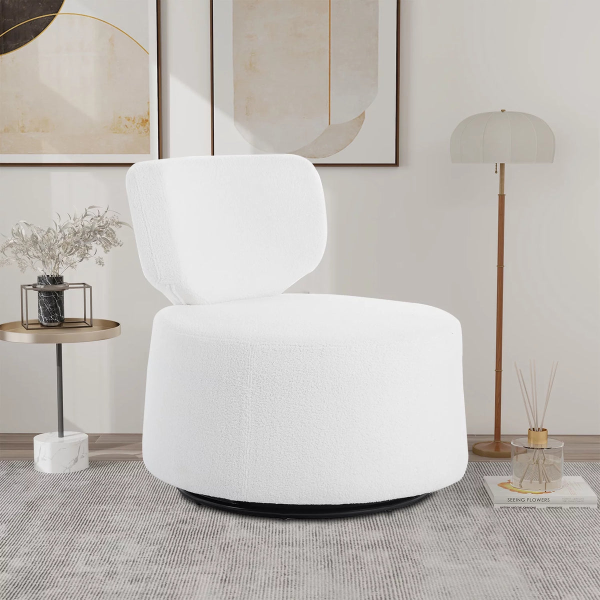 White Round Plush Upholstered Swivel Chair Z50363