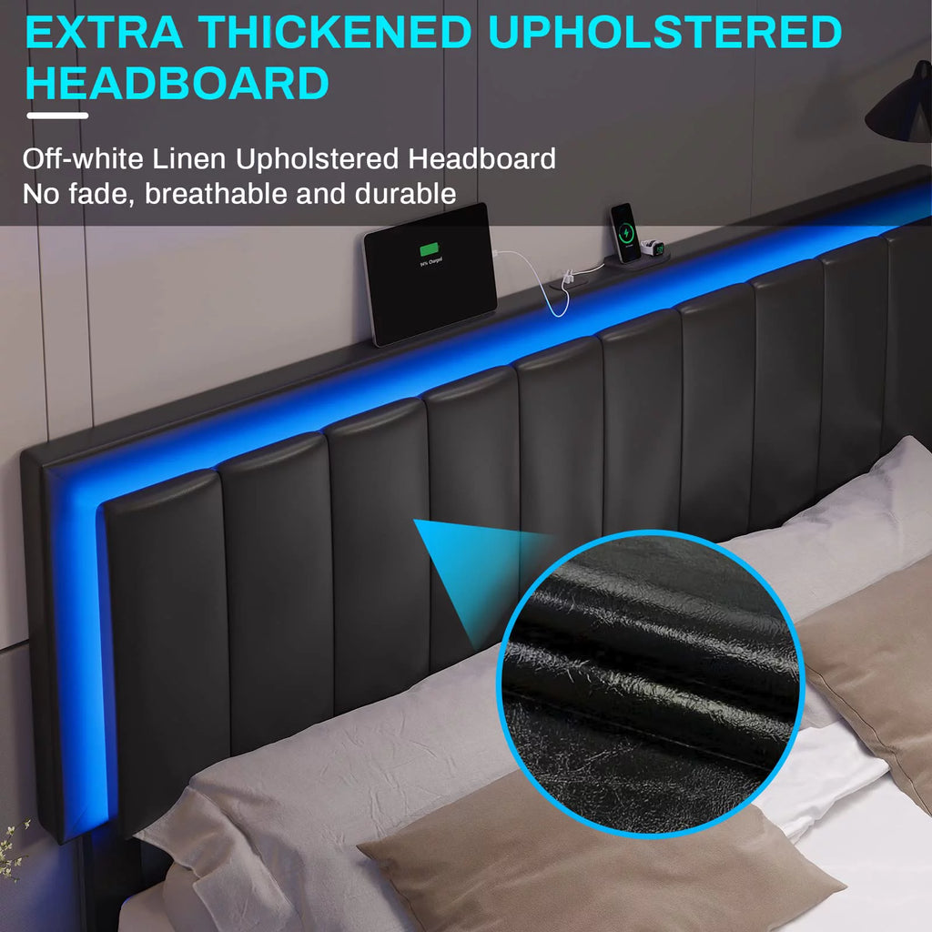King Leather Upholstered Platform Bed with Charging Station and LED Lights Q405061