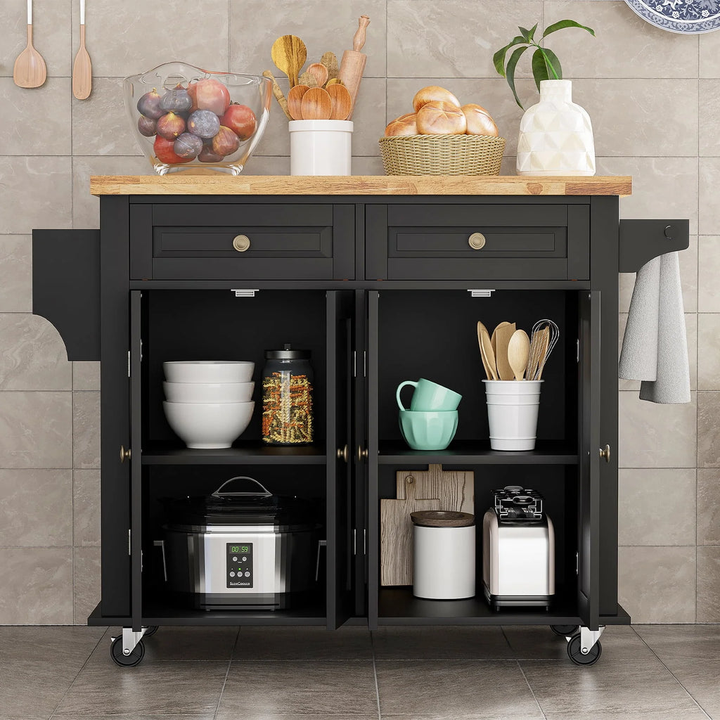 Rolling Kitchen Island with Rubber Wood Countertop and Lockable Casters D5504