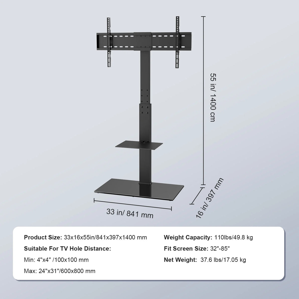 Modern Swivel Floor TV Stand for 32"-85" TVs Adjustable Height Glass H8062