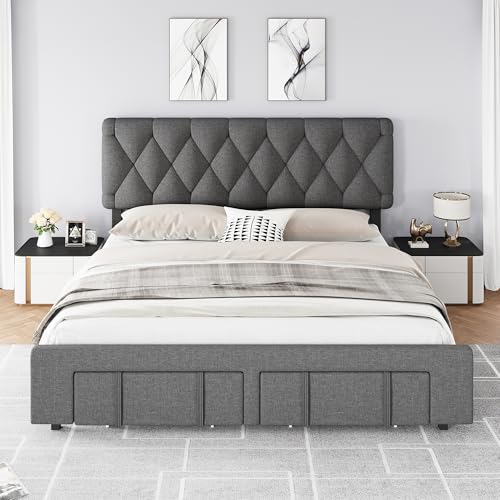 Queen Size Upholstered Platform Bed Frame with Storage Drawers V23212