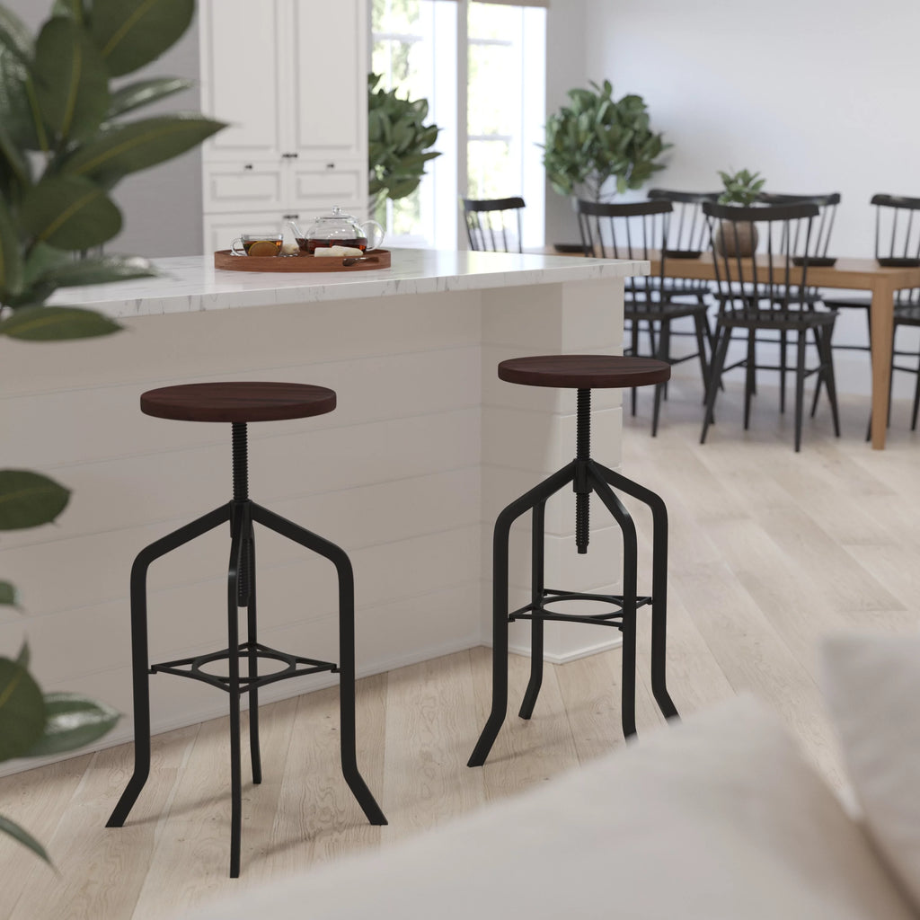 30 Inch Black Metal and Wood Adjustable Height Swivel Bar Stool J232