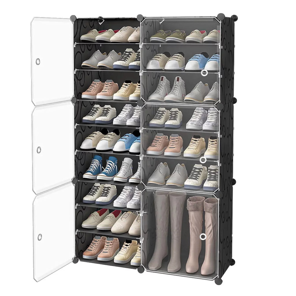 Portable Shoe Rack Organizer with Door, 36 Pair Plastic Shoe Storage Shelf, Black X494