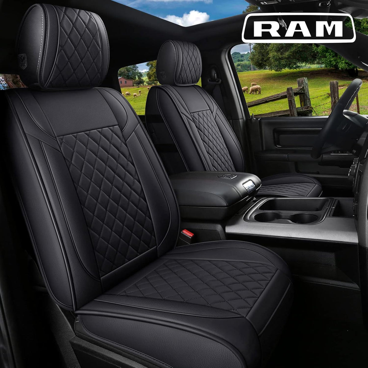 Black Leather Truck Seat Covers Full Set Z308249