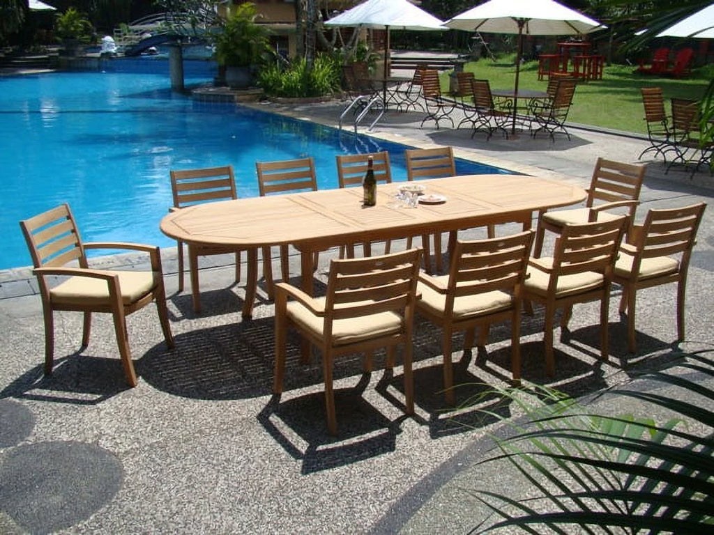 11 Pc Teak Dining Set with 117" Oval Table and 10 Stacking Arm Chairs J270