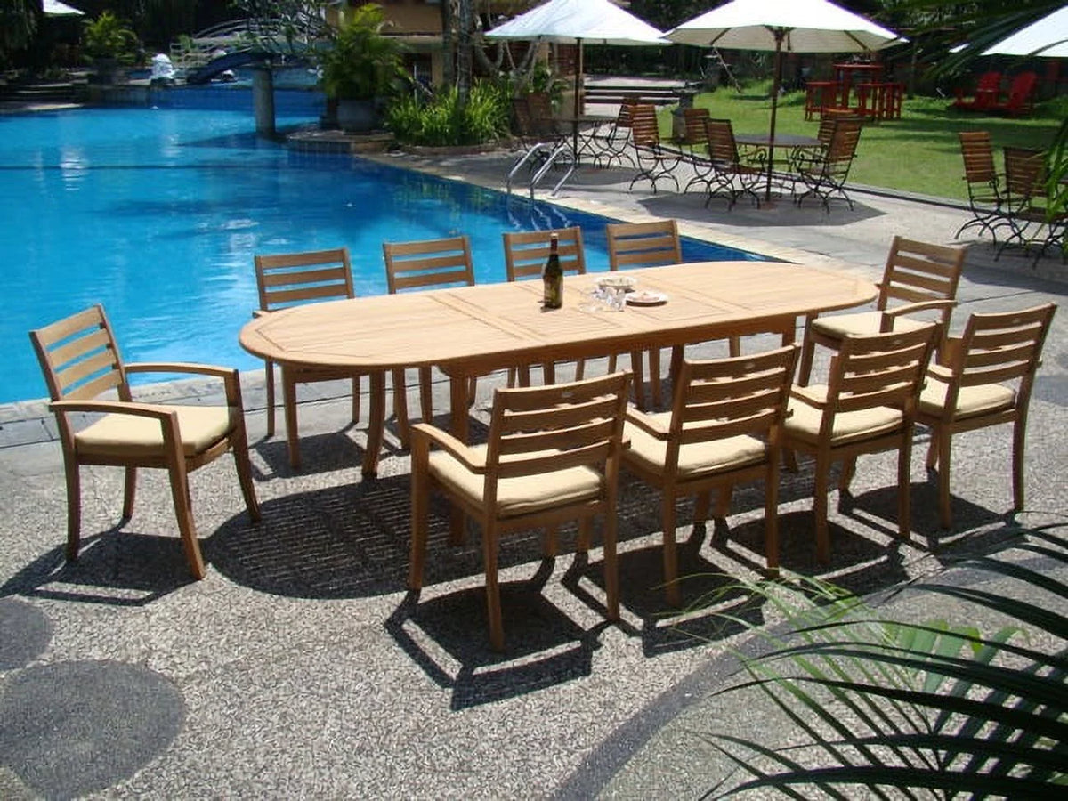 11 Pc Teak Dining Set with 117" Oval Table and 10 Stacking Arm Chairs J270