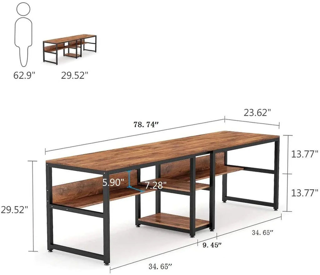 Computer Double Desk with Bookshelf, Black W8566